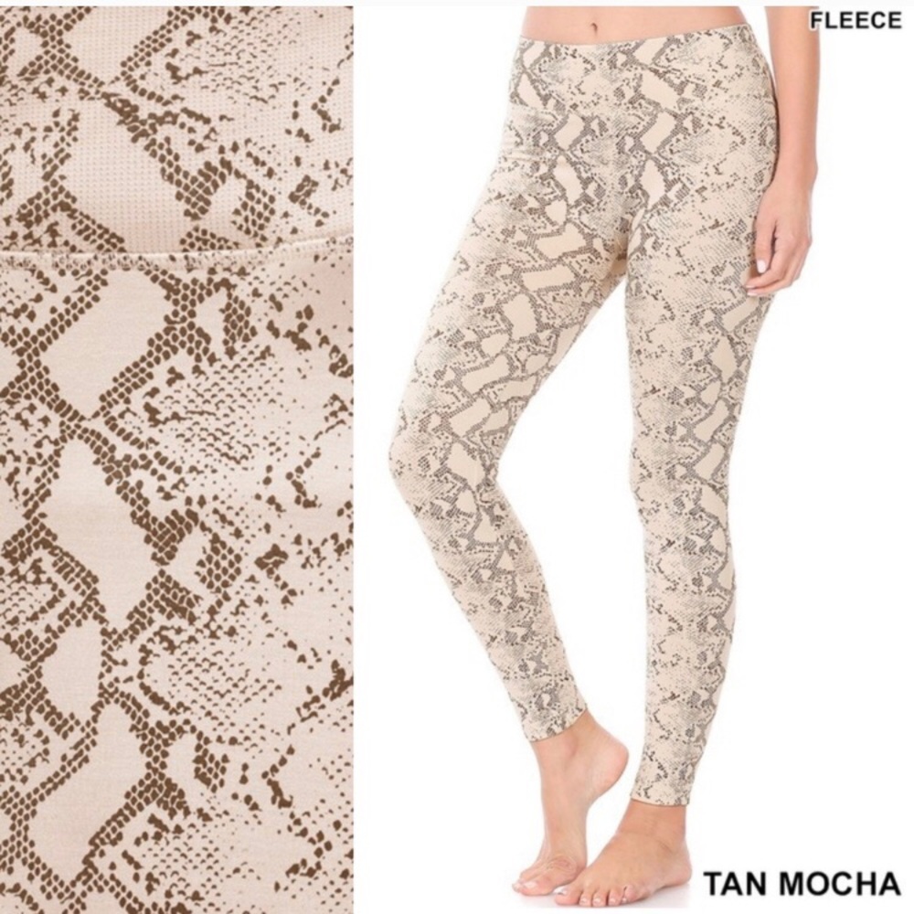 ❗️LOWEST PRICE Snakeskin Print Fleece Lined Mocha Tan Zenana Leggings - Picture 2 of 6